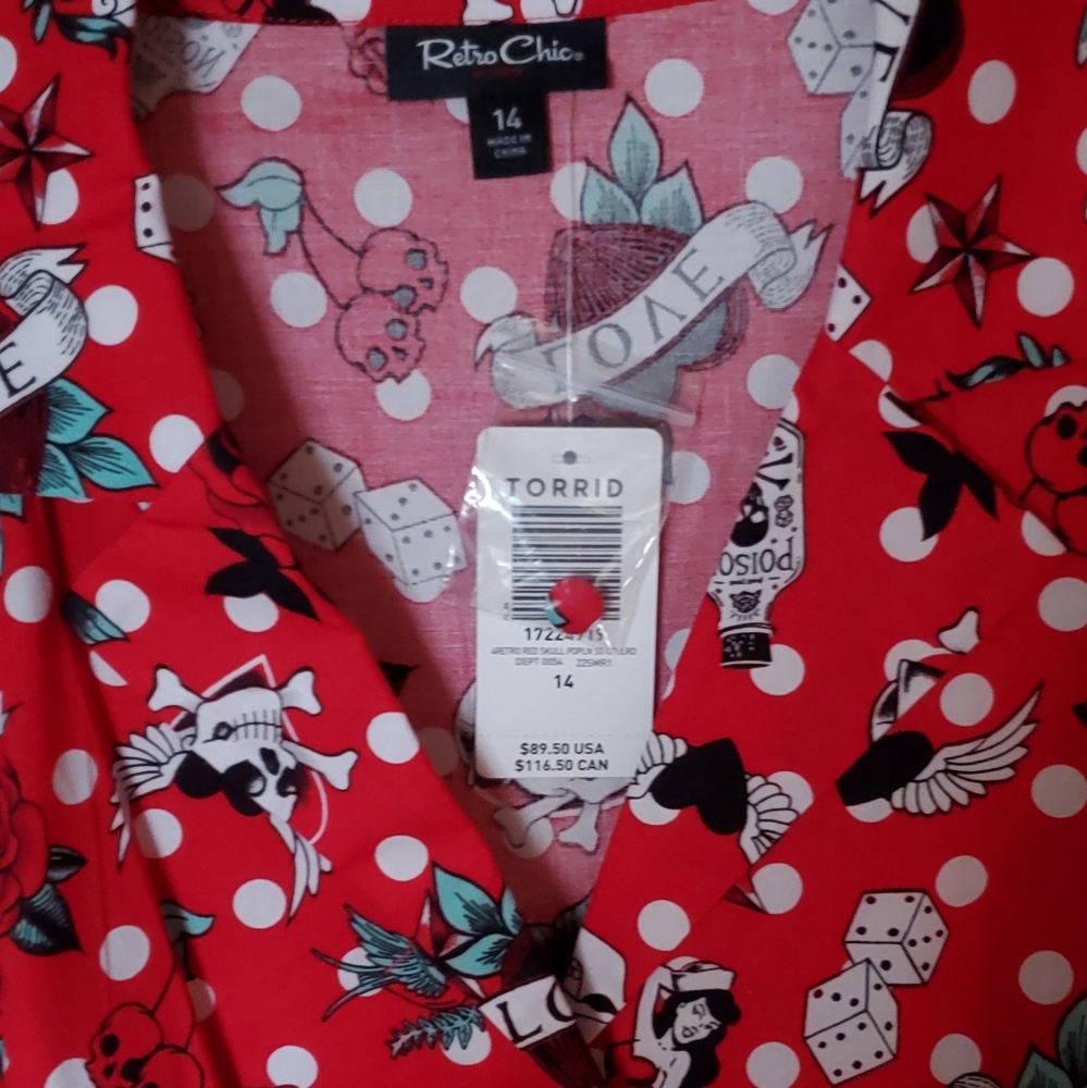 Torrid Retro Chic Red Skull Rose Love Graphic Belted Short Sleeve Midi Dress, 14 - Picture 6 of 6